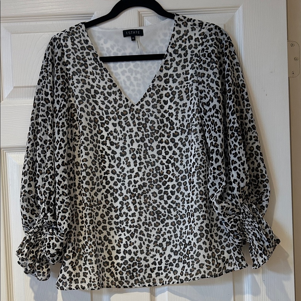 1. State White and Black Leopard V-Neck Blouse